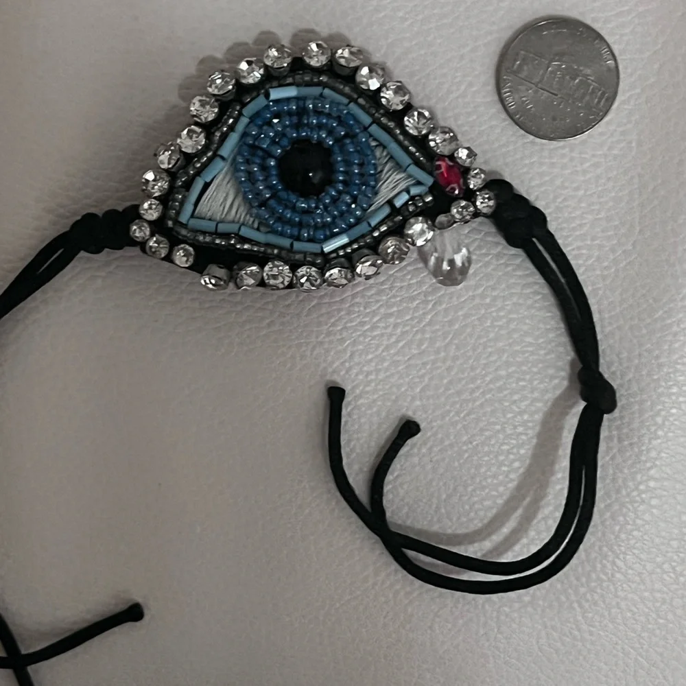 Picasso / Dali Style Blue Beaded Rhinestone EVIL EYE Threaded / Beaded Bracelet - Picture 8 of 9